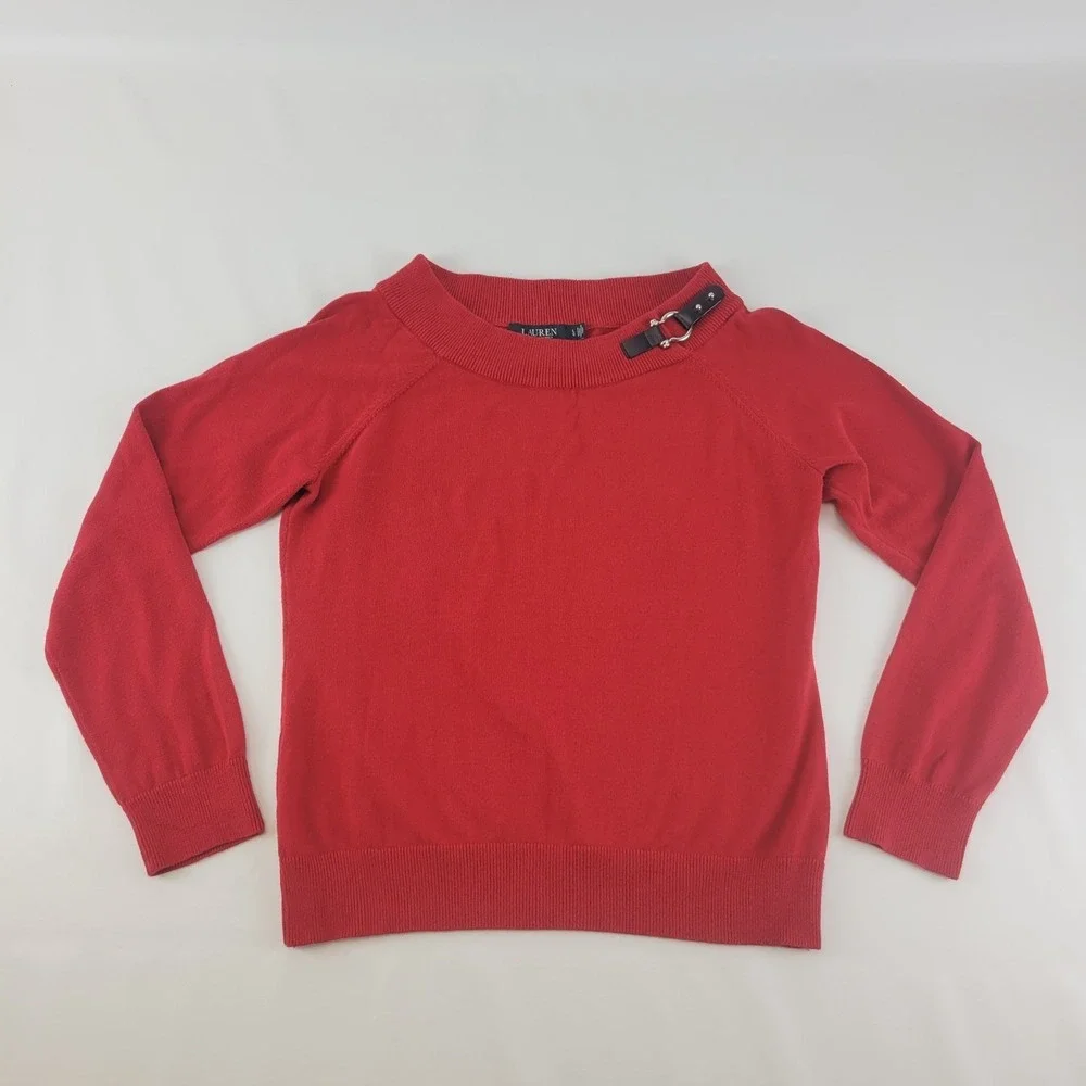Lauren Ralph Lauren Womens Sweater Sz M Red Cotton Buckle Detail Pullover